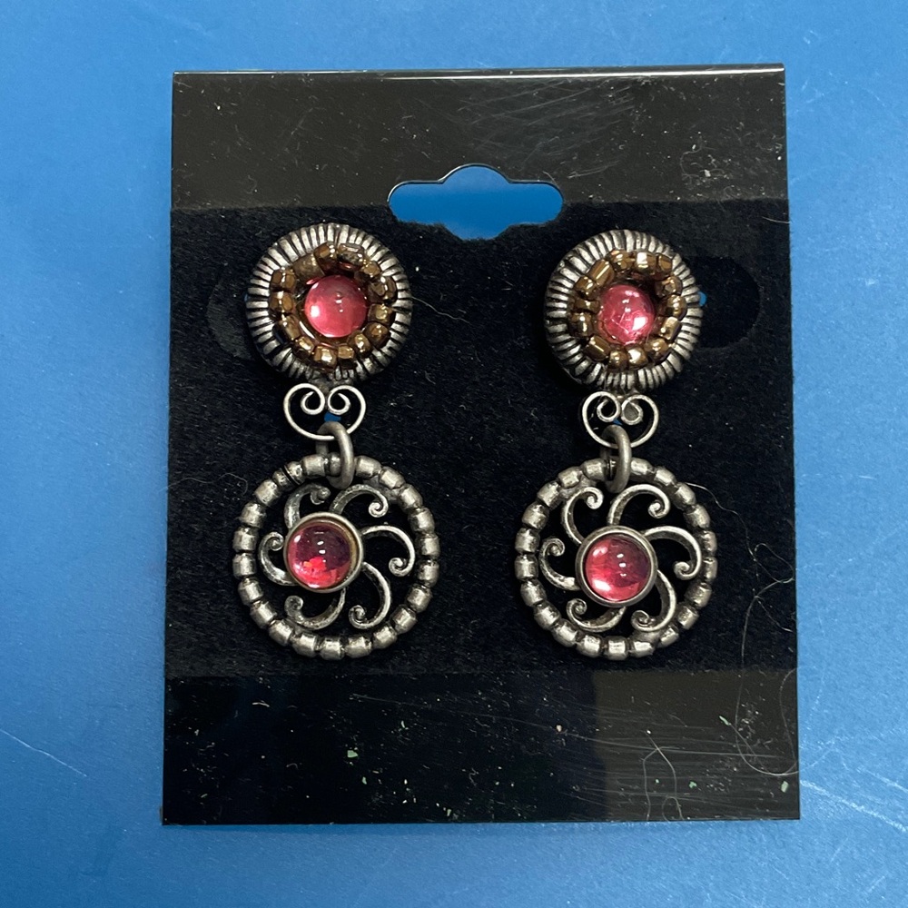 Pink and Gold Glass in Silver Tone Metal Earrings